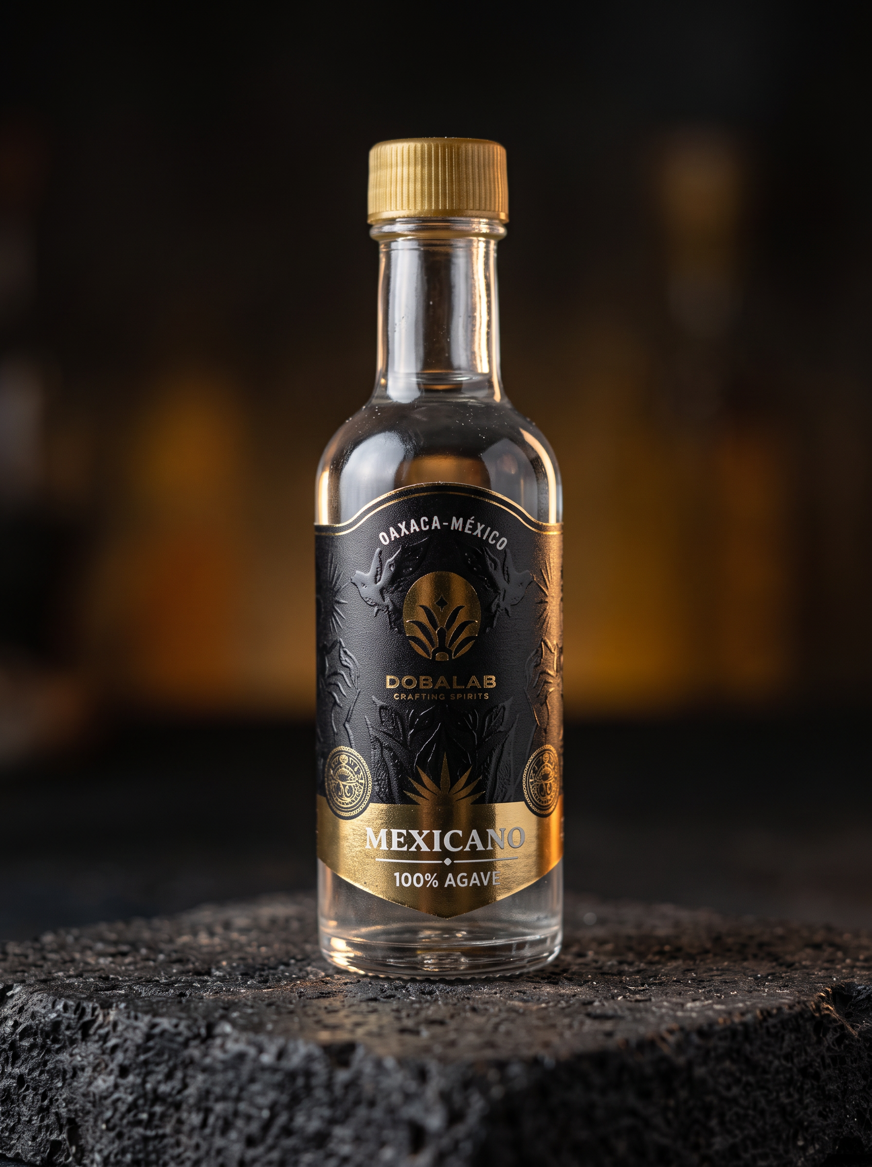 Botella de mezcal DOBA FOR YOU de 50 ml, etiqueta Mexicano, sobre piedra volcánica